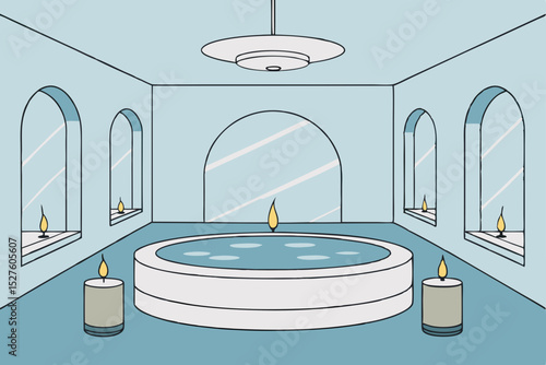 Serene Spa Relaxation Tranquil Hot Tub Scene with Arch Windows and Candles