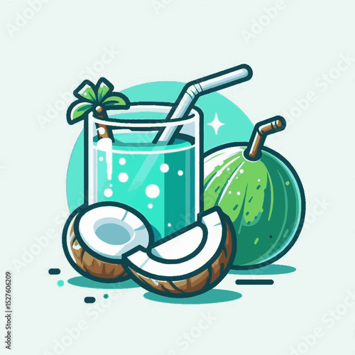 Cartoon illustration of coconut water with a straw halved coconut and whole coconut