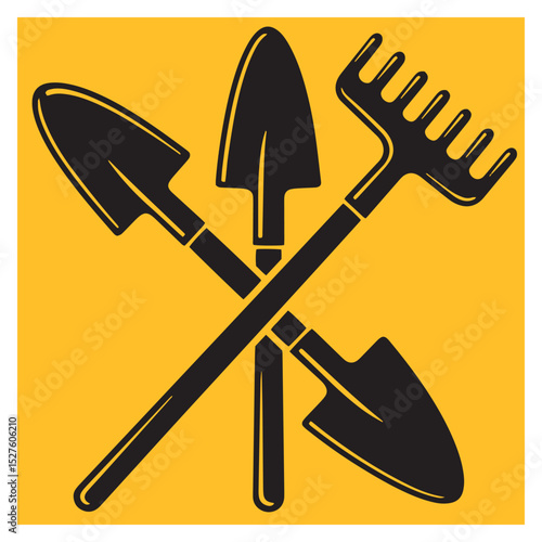 Gardening tools illustration featuring crossed shovels and rake with yellow background