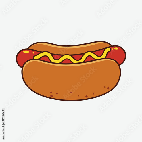 Bright cartoon hot dog with mustard on White background. Fun, bold, and vibrant food illustration perfect for posters, menus, or playful design projects.