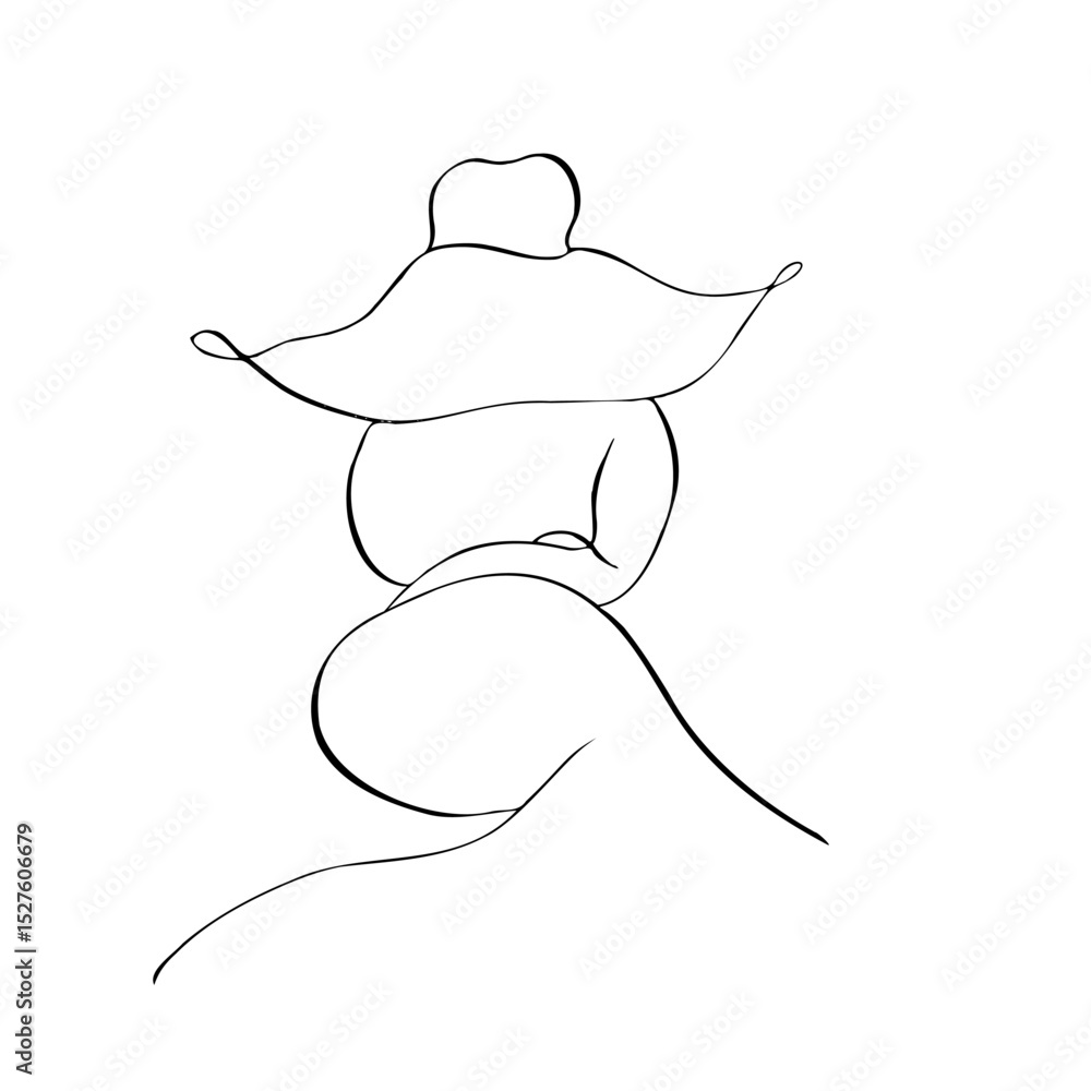 Fototapeta premium Vector silhouette of a woman in a hat, feminine figure of a lady. Hand painted linear contour. Graphic clipart isolated. Tattoo and wedding illustration. For designers, invitations, decoration