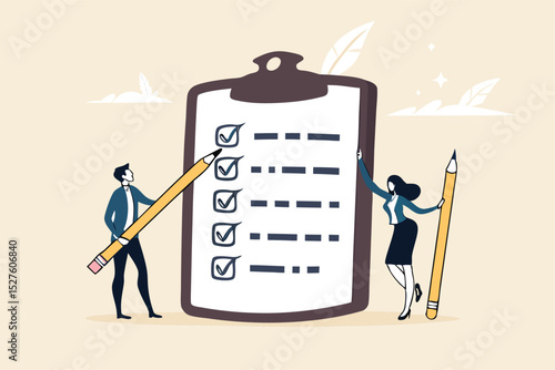 Task checklist, clipboard with to do list checkmark, task management to track work completion, accomplishment, survey or questionnaire concept, business people with pencil and checklist clipboard.
