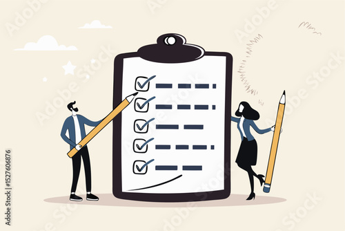 Task checklist, clipboard with to do list checkmark, task management to track work completion, accomplishment, survey or questionnaire concept, business people with pencil and checklist clipboard.