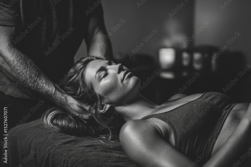 Woman receiving neck massage in monochrome studio, promoting wellness and stress relief through therapeutic bodywork Woman receiving neck massage in monochrome studio, promoting wellness and stress relief through therapeutic bodywork