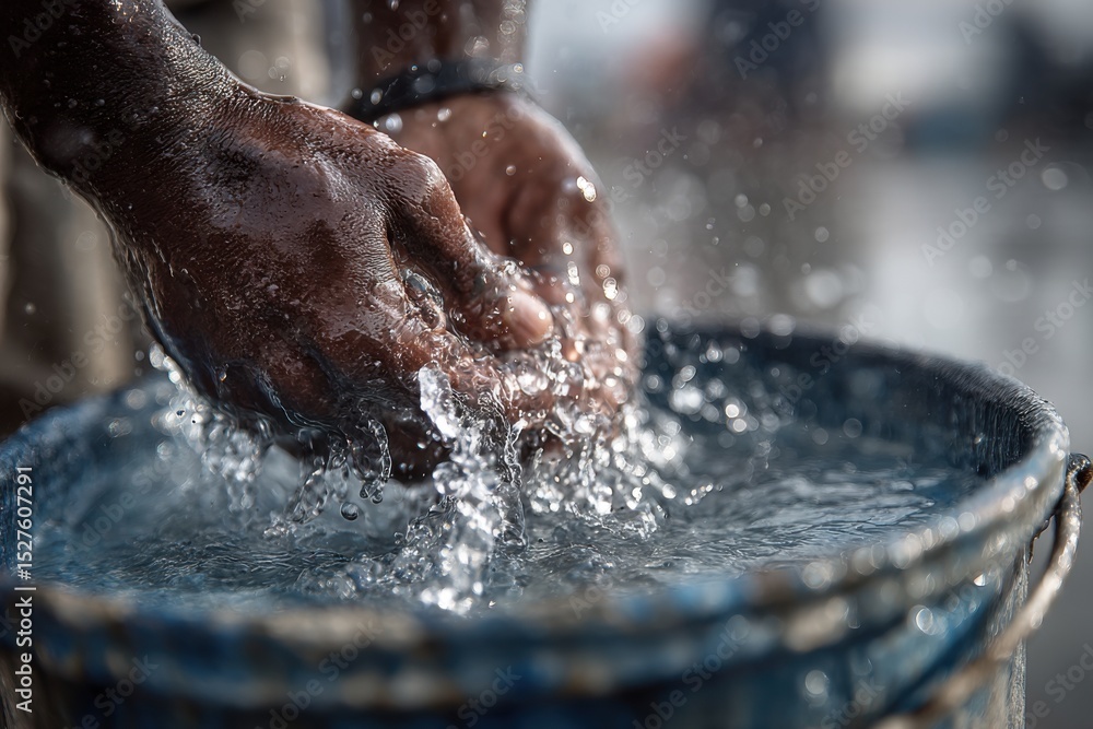 Fototapeta premium Close-up captures the hands of an Asian person cupping and splashing pristine, sparkling water in a blue metal pail.