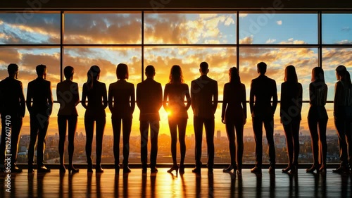 Business team viewing sunrise city skyline