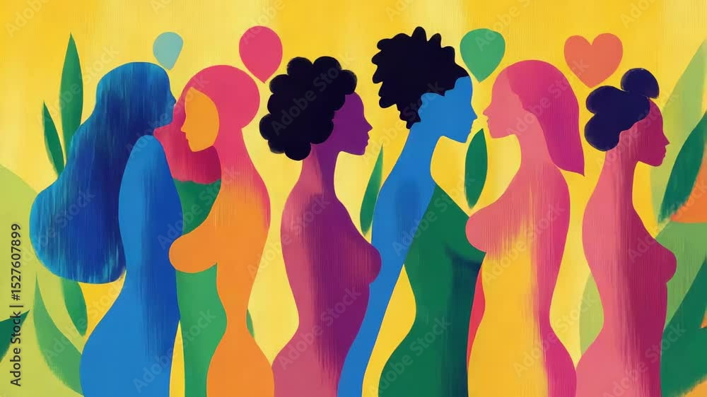 Colorful celebration of diversity and unity in a vibrant artistic representation of women interacting in a cheerful environment Colorful celebration of diversity and unity in a vibrant artistic representation of women interacting in a cheerful environment