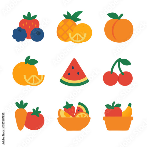 Summer fruits and vegetables icons with nine fruits and three vegetables. Suitable for food and beverage industry designs. Refreshing and vibrant.