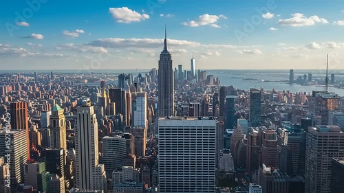 Breathtaking panoramic view of the iconic New York City skyline on a clear, sunny day