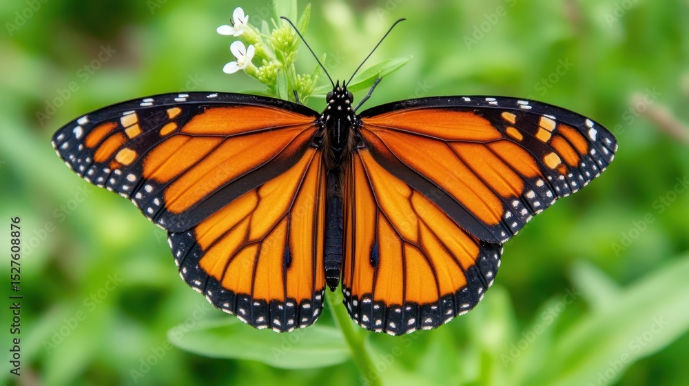 Obraz premium Monarch butterfly, vibrant orange wings, black markings, perched on a stem