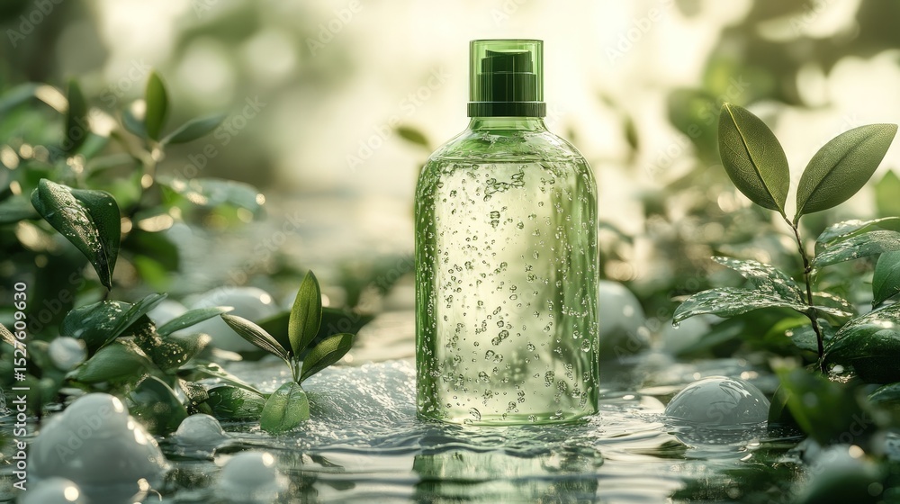 Nature-inspired, refreshing product in a green bottle Nature-inspired, refreshing product in a green bottle