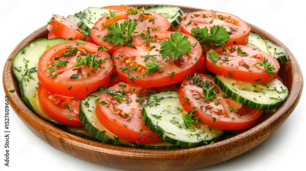 Sliced Tomato and Cucumber Salad Garnished with Fresh Herbs on a Wooden Plate Sliced Tomato and Cucumber Salad Garnished with Fresh Herbs on a Wooden Plate