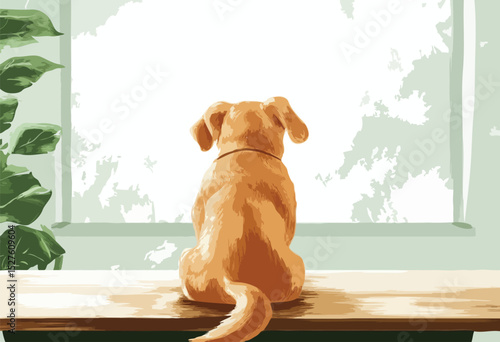 dog sitting on table viewed from behind