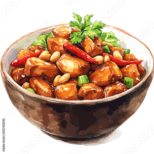 Watercolor Illustration of Kung Pao Chicken with Peppers and Peanuts