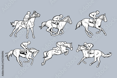 Horse Race Rider Jockey Outline Black and White Flat Vector  Set Collection
