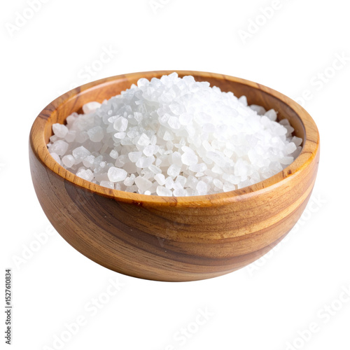 A wooden bowl filled with coarse white salt granules.