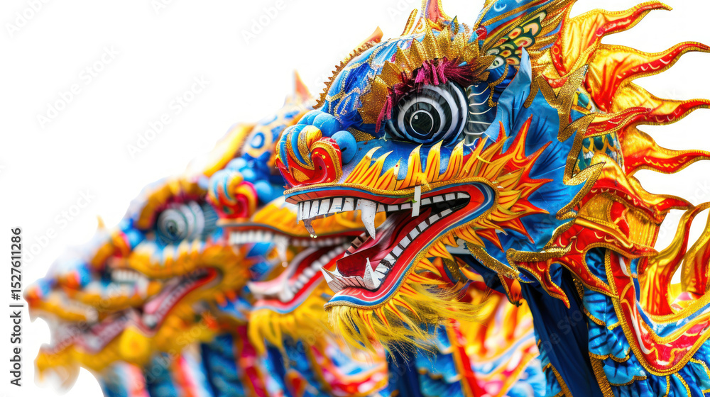 Fototapeta premium Dragon heads adorned with vibrant patterns and intricate details, perfect for cultural celebrations and festive decorations