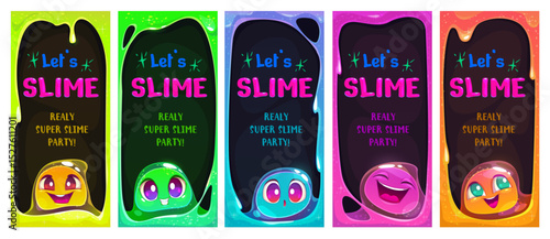 Set of colorful cartoon long vertical banners with cute glossy liquid slime characters, bubbles, liquid frames, glitter and sparkles. Vector multicolor templates for web or typography design.