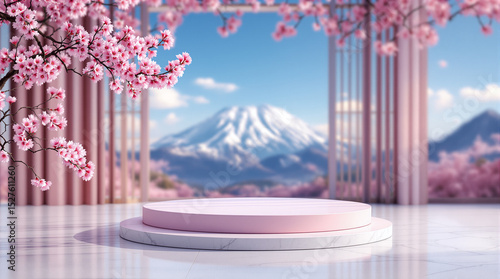 A round advertising podium against the background of a volcano and a blossoming sakura branch — a minimalist scene for cosmetic or branded products in an Asian style