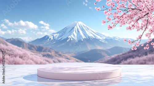 A round podium for advertising or a product next to a branch of blossoming sakura against the background of a volcano