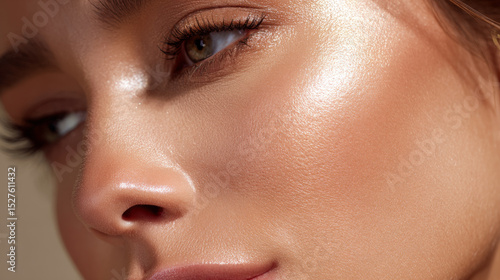 Glowing skin close up with natural makeup highlighting cheekbones and smooth texture on female face
