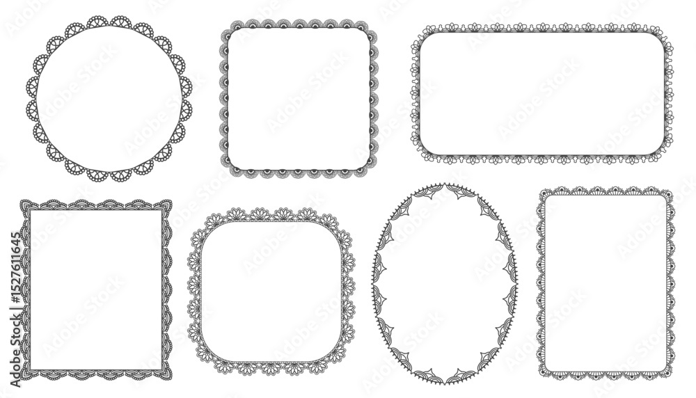 Elegant textile lace borders and frames of geometric shapes classic black-and-white isolated set Elegant textile lace borders and frames of geometric shapes classic black-and-white isolated set