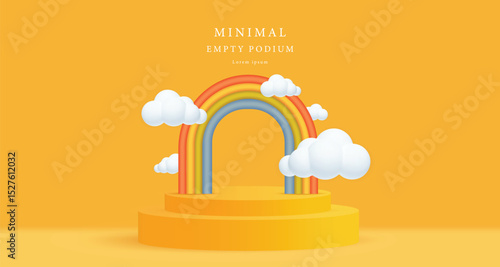 3d empty yellow podium, rainbow, clouds, Fun summer illustration for advertising children's goods, promotional offers, sales. vector illustration.