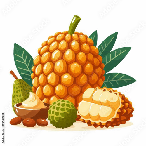 Diverse tropical fruits include jackfruit custard apple and seeds arranged with stylized leaves