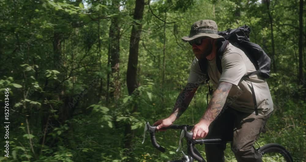 Bearded millennial man with tattoos cycles through a dark forest where sunlight filters through the trees. A moody and cinematic shot capturing solitude and rhythm of the road. High quality 4k footage Bearded millennial man with tattoos cycles through a dark forest where sunlight filters through the trees. A moody and cinematic shot capturing solitude and rhythm of the road. High quality 4k footage