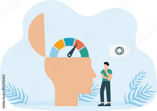 stressful work and focus on work, stressed businessman with a big head indicator. Deadline pressure and stressful work
