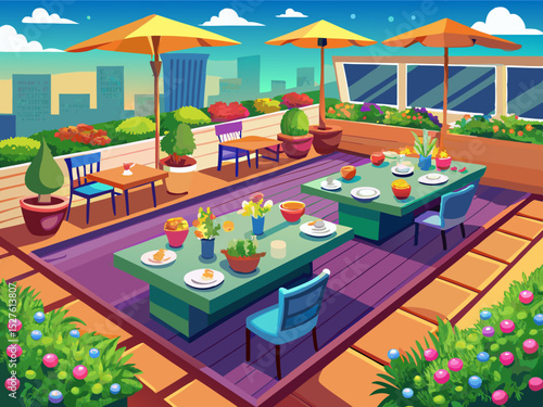 vector of The roof garden is prepared with artificial grass flooring and dinner service with rectangular wooden pots and colorful flowers planted in the pots.