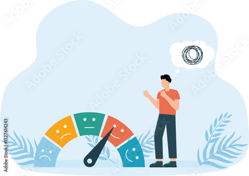 Emotional overload and stress level, fatigue increased productivity tiring and boring, positive employee frustration in work. character is on a mood scale.
