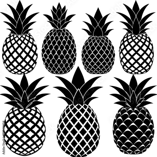 Six black and white pineapple silhouettes