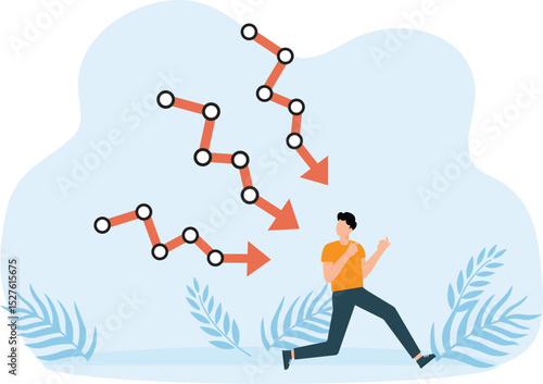 Depression or investment risk, crisis or collapse and business failure, economic recession or investment loss or stock market crash, failed businessman running away from falling arrow chart.
