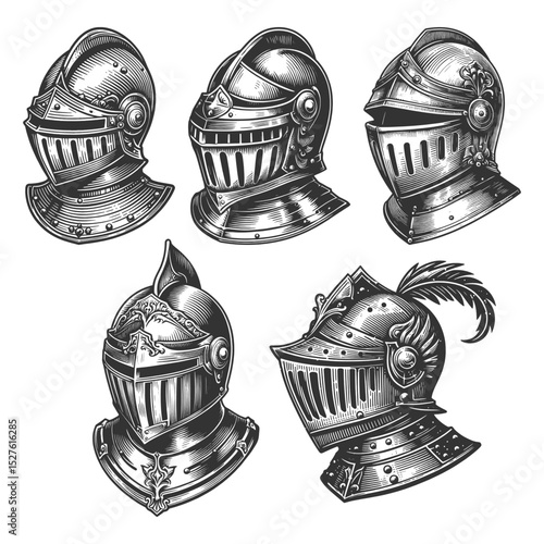 Medieval Knight Helmet Set collection bundle sketch engraving generative ai vector illustration. Scratch board imitation. Black and white image.