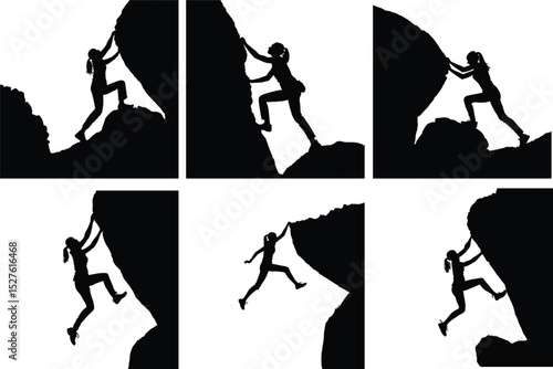 Silhouette set of Woman Climbing Mountain. Outdoor Adventure Clipart. girl Rock Climber. Strong Female Explorer