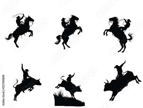 set of Cowboy Silhouette Riding Bull and Horse Western Rodeo clipart.