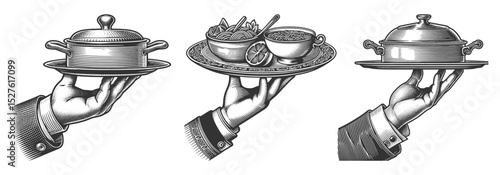 hands holding serving trays with covered dishes and bowls Set collection bundle sketch engraving generative ai vector illustration. Scratch board imitation. Black and white image.