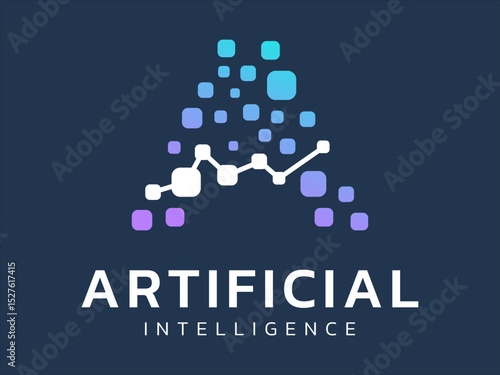Artificial intelligence with letter A futuristic network technology Analysis logo vector design concept. AI technology logotype symbol for advance technology, tech company, identity, robotic, ui.