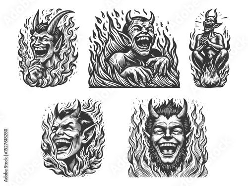 Laughing Devils and Demons Set collection bundle sketch engraving generative ai vector illustration. Scratch board imitation. Black and white image.