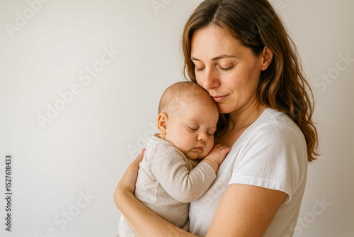 Mother’s Nurturing Love: an ultra-realistic, softly lit portrait of a young woman wearing a simple white T-shirt gently cradling her peacefully sleeping newborn against her chest, eyes closed 