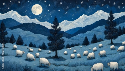 Sheep graze under a full moon and starry sky in a serene night scene.