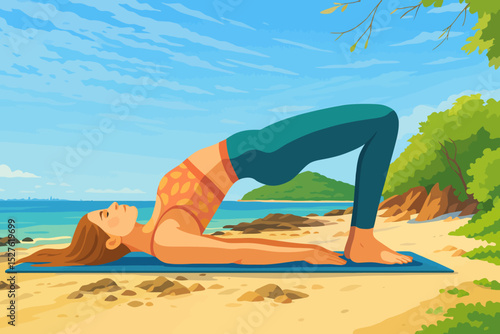 A woman is practicing yoga on a beach under a bright, clear sky. She is performing the bridge pose (Setu Bandhasana), lying on a blue mat with her knees bent and hips lifted toward the sky. She wears 