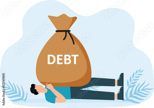 Mortgage or borrow money problem, debt burden and financial obligation or loan repayment, heavy burden of money failure, businessman trying to carry bag of money losing big debt banknotes.
