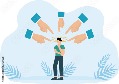 Boss pointing and blaming depressed employee. Toxic jobs and harassment or intimidation of co-workers, fear of failure and responsibility bad culture makes depressed employees bored.
