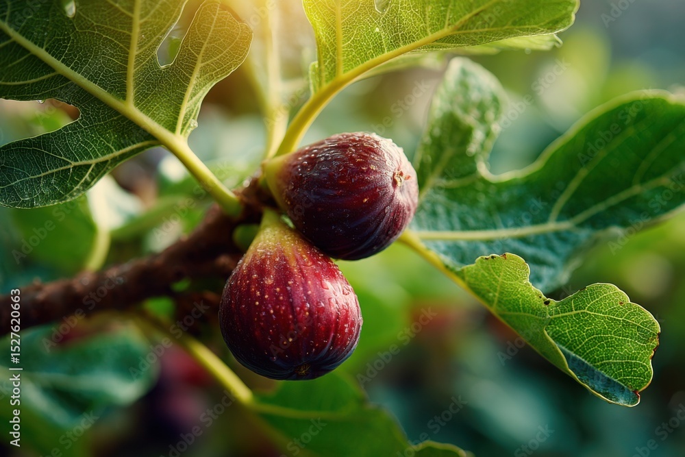 Fototapeta premium Fresh Figs on Branch with Green Leaves and Morning Dewdrops. Delicious and Healthy Food Growing Outdoors.