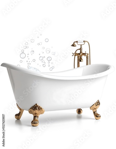 White Clawfoot Bathtub with Gold Accents and Bubbles