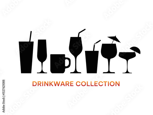 Drinkware vector silhouette collection of glasses mugs and cups for bar and cafe