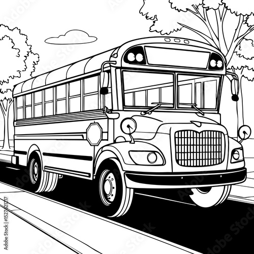 Classic Yellow School Bus Driving Through Suburban Road