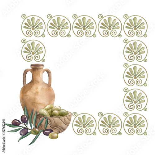 Vászonkép A square frame made of Greek ornaments, decorated with an amphora with oil, a wooden plate filled with green olives, an olive branch